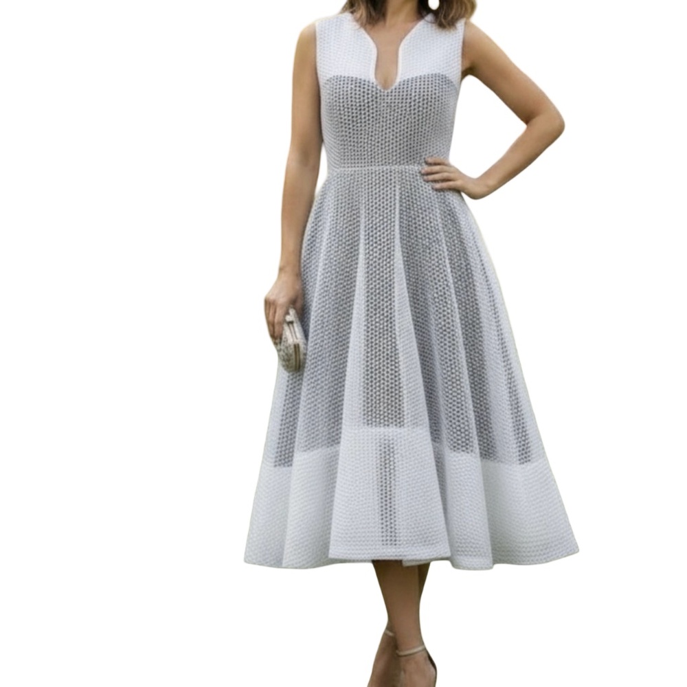 #A331  FT INC White 3D Mesh Fit & Flare Midi Hi-Lo Dress Sleeveless (Free Size)